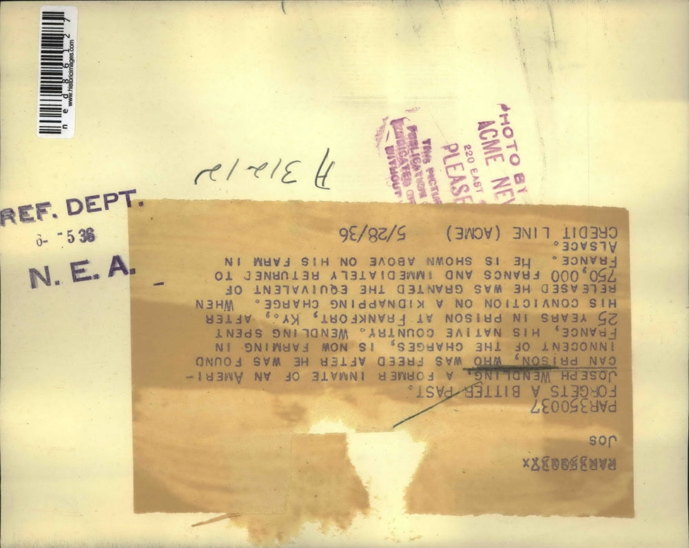 1936 Press Photo Joseph Wendling former inmate of an American Prison was freed