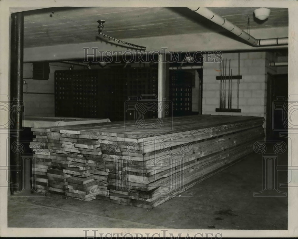 1950 Press Photo Cleveland Ohio lumber stockpiled at Brooklyn City Hall