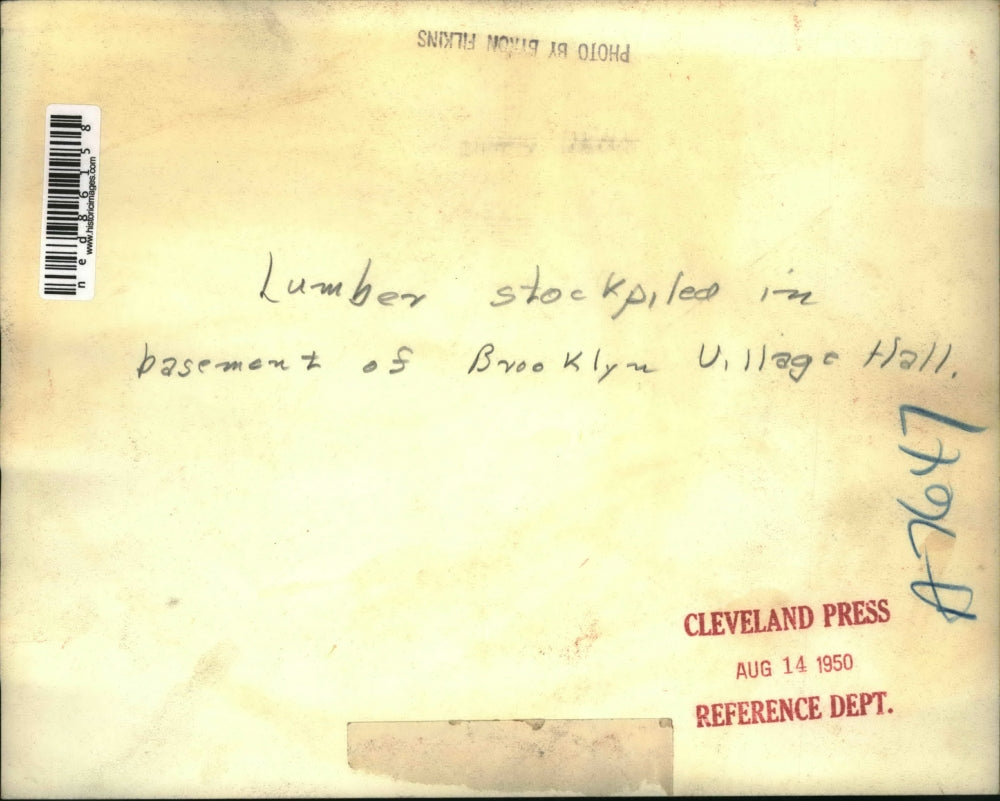 1950 Press Photo Cleveland Ohio lumber stockpiled at Brooklyn City Hall