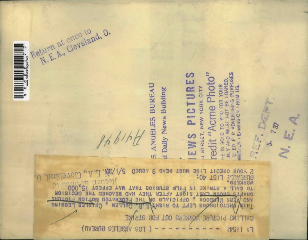 1937 Press Photo WB Cullen, Charles Lessing, Vern Murdock at film studio strike