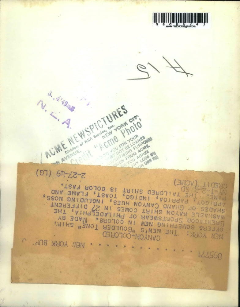 1949 Press Photo Men's boulder tone shirt with new colors by Brentwood Wear