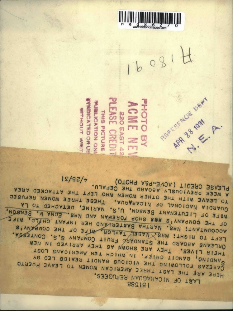 1931 Press Photo Nicaraguan refugees Mrs Taylor, M Baxter & baby, E Benson