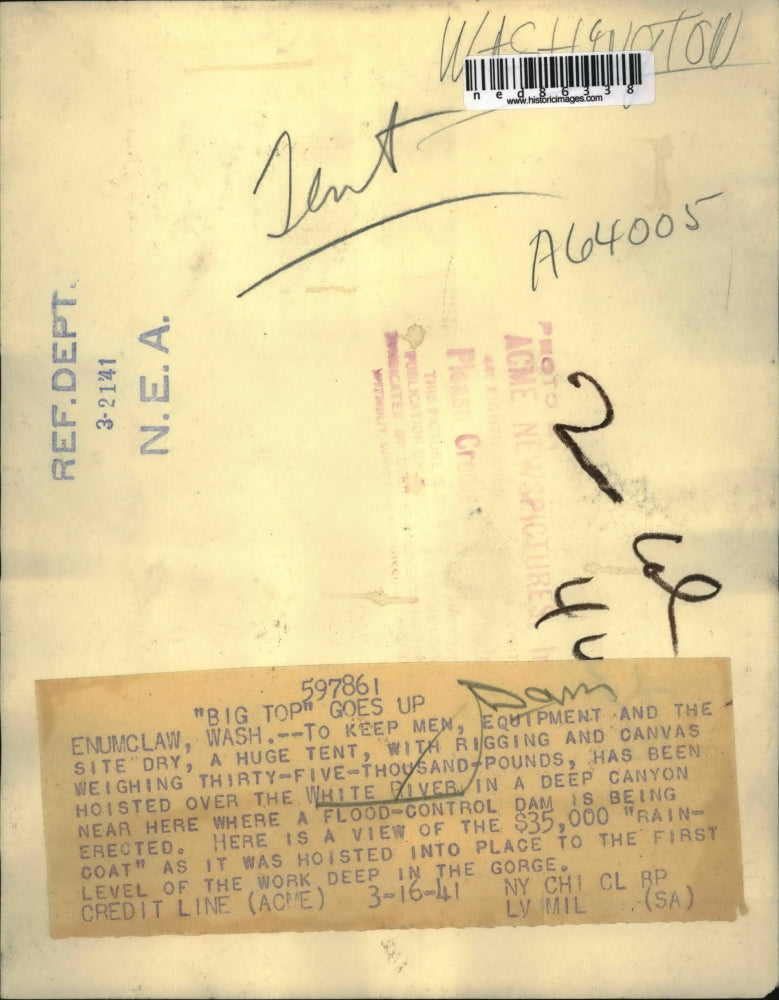 1941 Press Photo Huge Tent hoisted over the White River Dam in Enumclaw Wash.