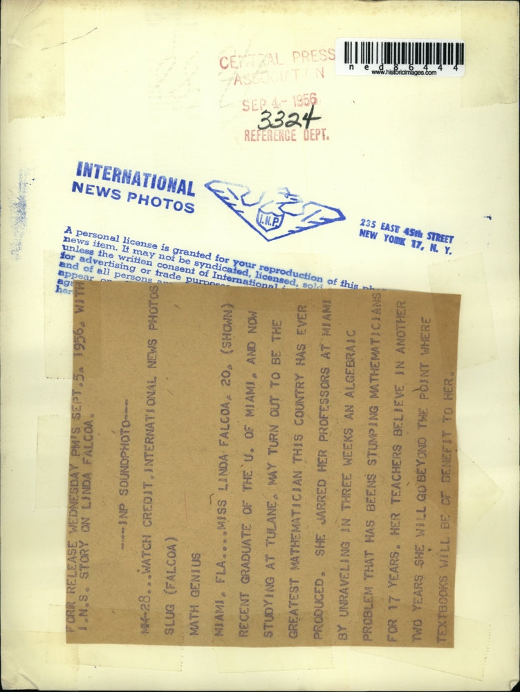 1956 Press Photo Linda Falcoa is a Math genius; recent graduate of U of Miami