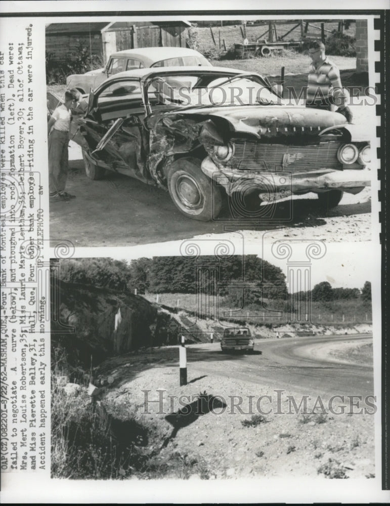 1962 Press Photo Wreckage of a car smashing into a rock formation