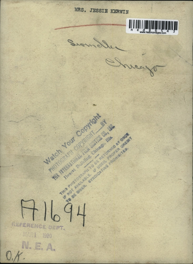 1920 Press Photo Mrs. Jessie Kerwin, Soundler, Chicago