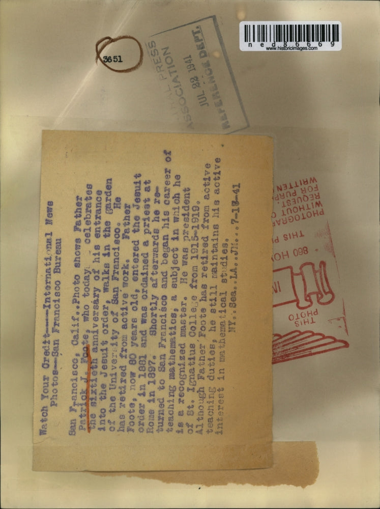 1941 Press Photo of Father Patrick J. Foote