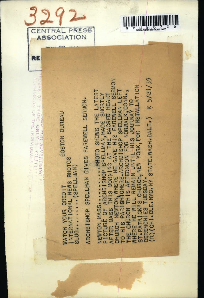 1939 Press Photo of Francis J. Spellman