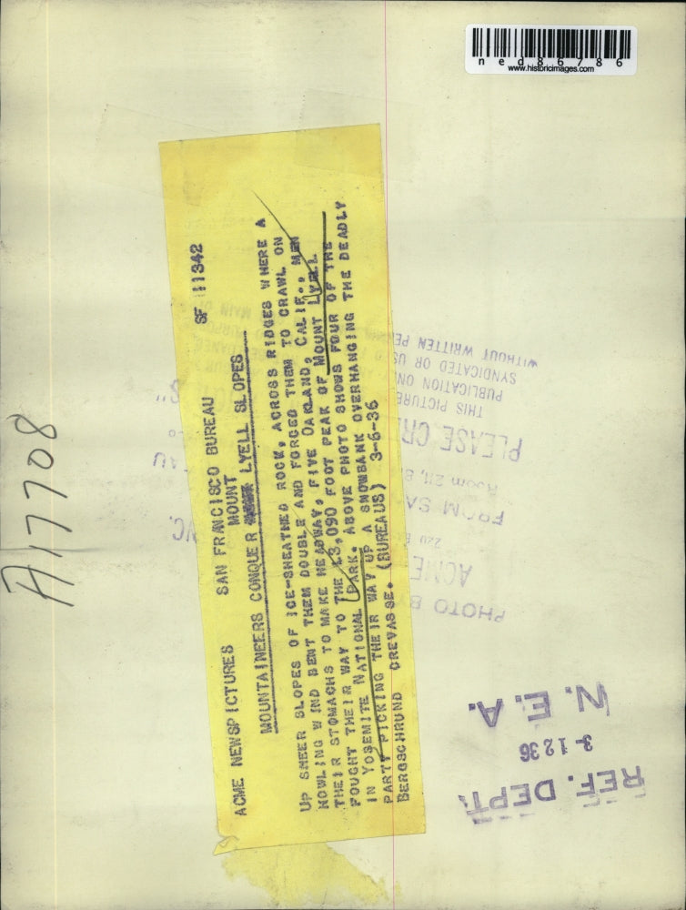 1936 Press Photo Mountaineers encounters slopes at Mount Lyell in Yosemite Park