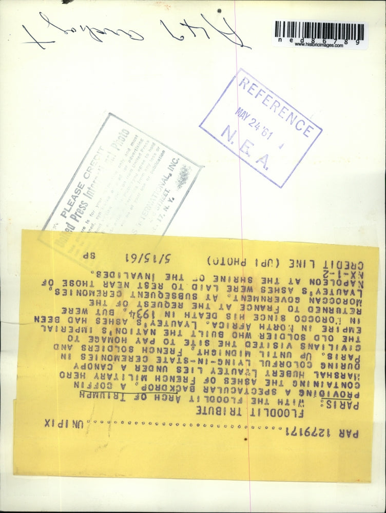 1961 Press Photo Coffin of Marshal Hubert Lyauley at Arch of Triumph