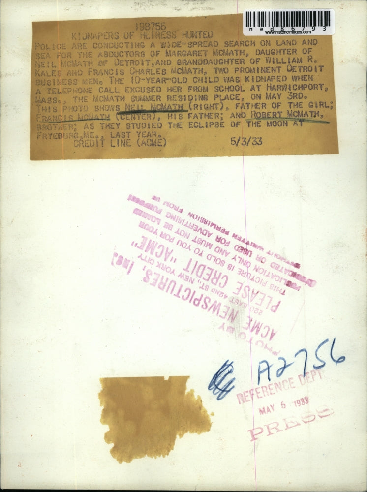 1933 Press Photo In search for Abductors of Margaret Mcmath.