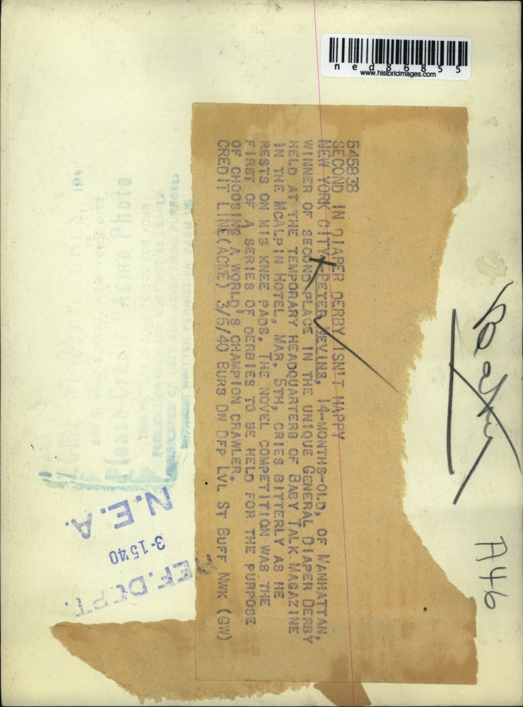 1940 Press Photo Peter Nevins,second place in the General Diaper Derby