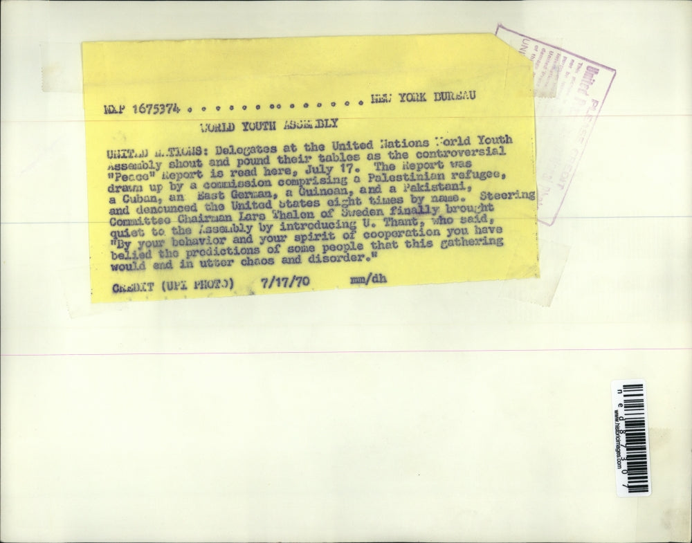 1970 Press Photo Committee Chairman Lars Thalen speech at the United Nations