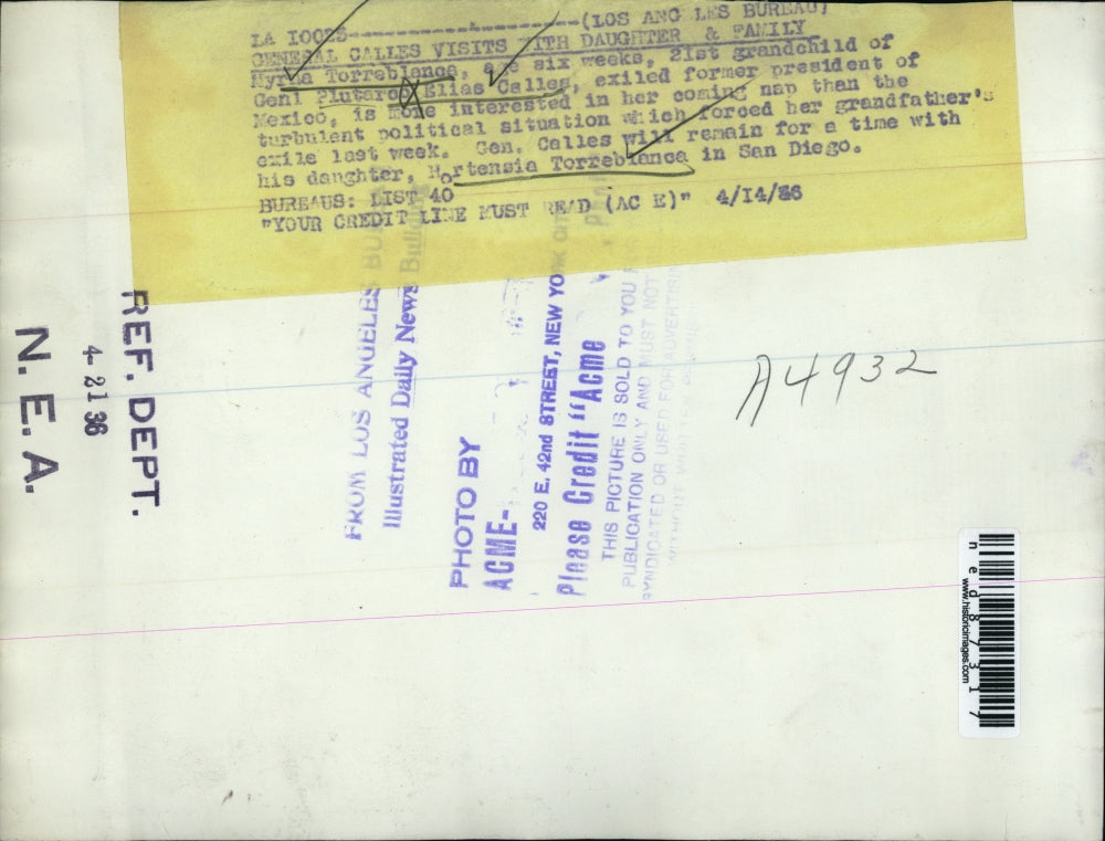 1936 Press Photo of the Exiled General and President of Mexico General Calles