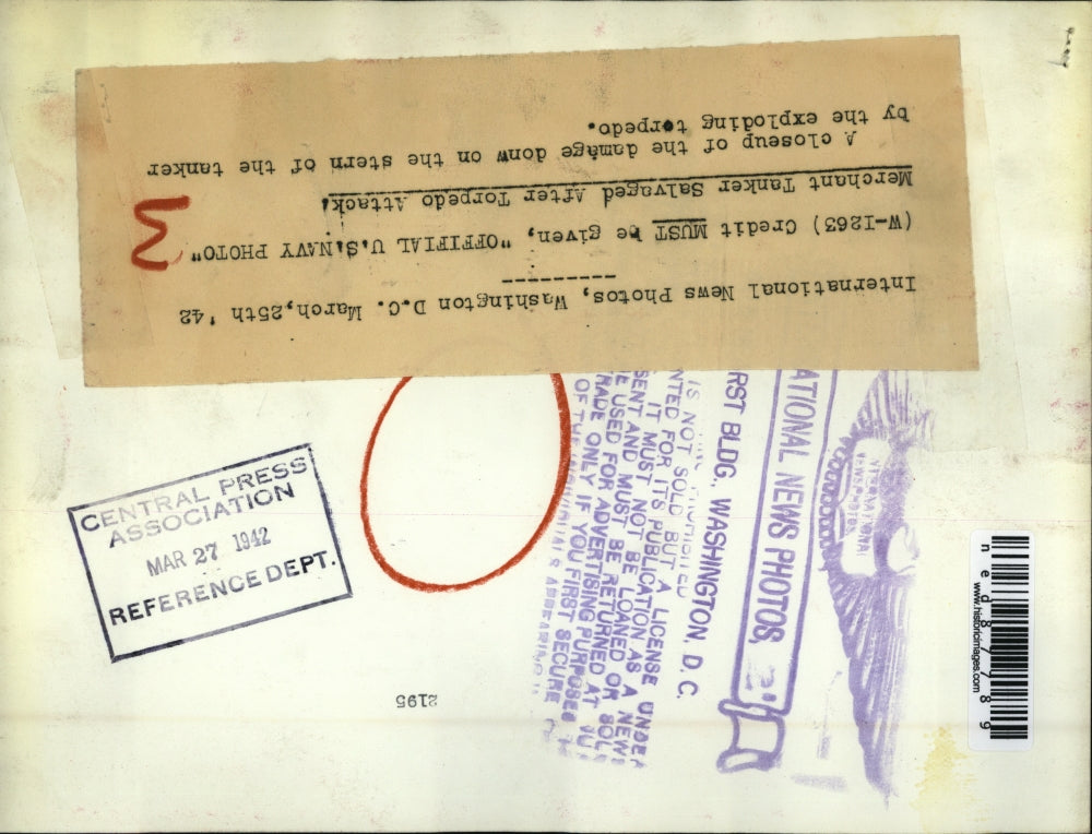 1942 Press Photo A Merchant Tanker salvaged after a torpedo attack