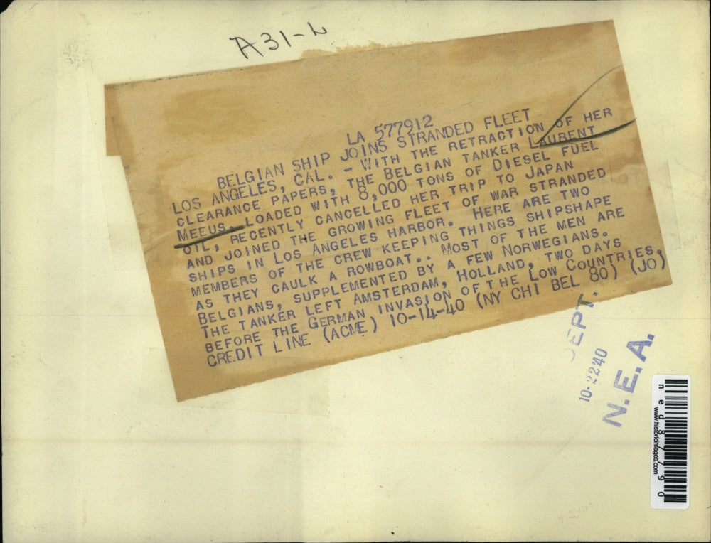 1940 Press Photo Belgian tanker Laurent Meeus joins stranded fleet of war ships