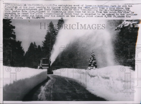 1958 Press Photo of a snow plow clearing a road to Glacier Point in Yosemite