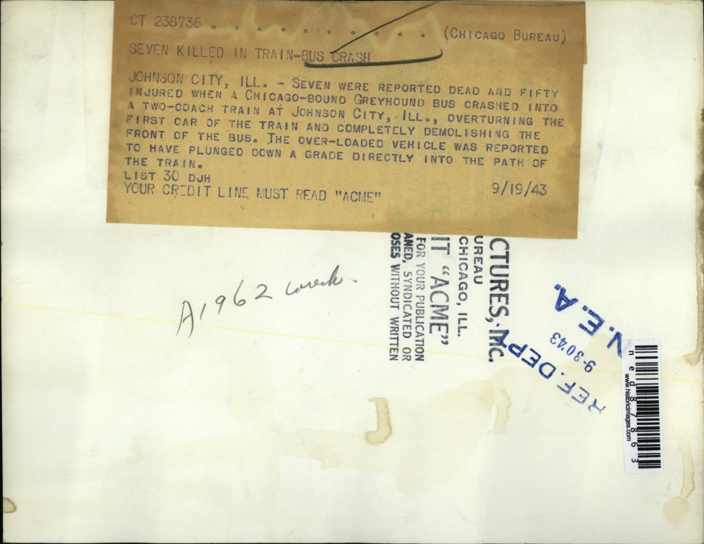 1943 Press Photo of train and bus collision that killed seven in Johnson City