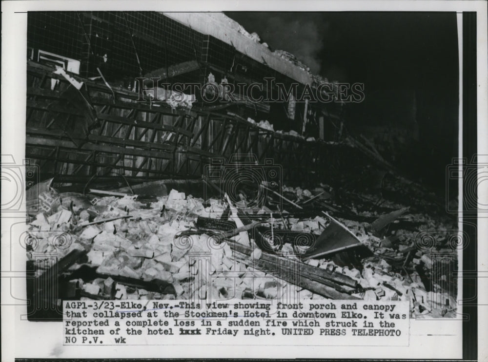 1957 Press Photo Collapsed front porch and canopy of Stockmen's Hotel in Elko