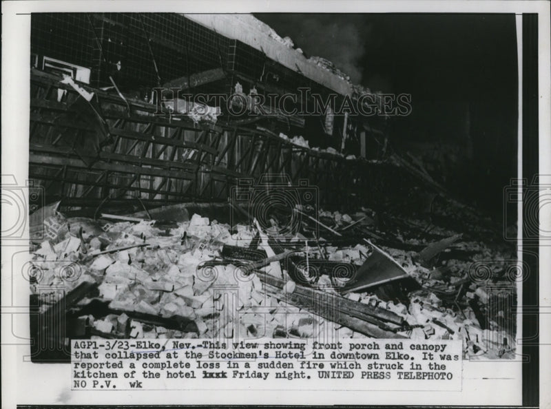 Load image into Gallery viewer, 1957 Press Photo Collapsed front porch and canopy of Stockmen's Hotel in Elko
