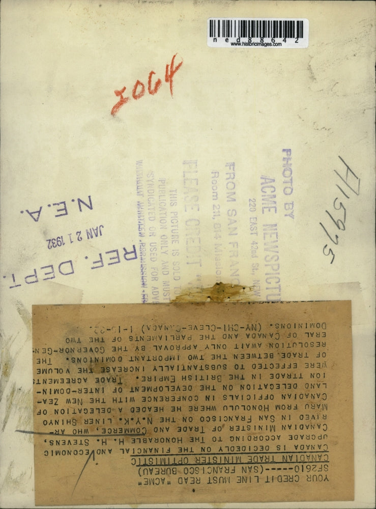 1932 Press Photo Honorable H.H. Stevens arrived in San Francisco