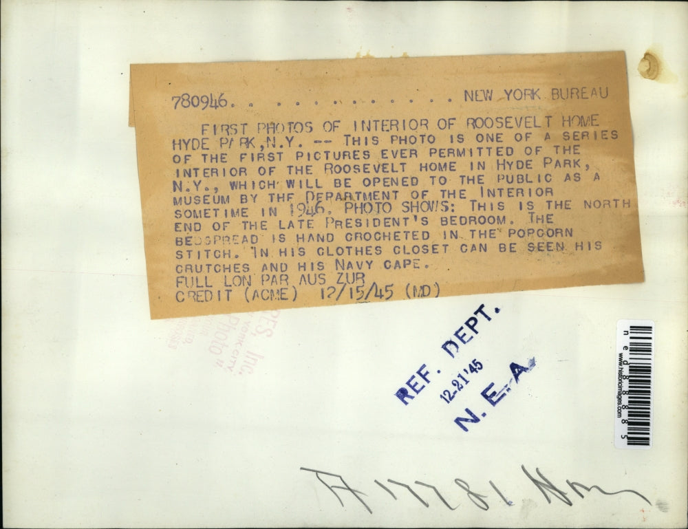 1945 Press Photo Photo of the late President Roosevelt's bedroom