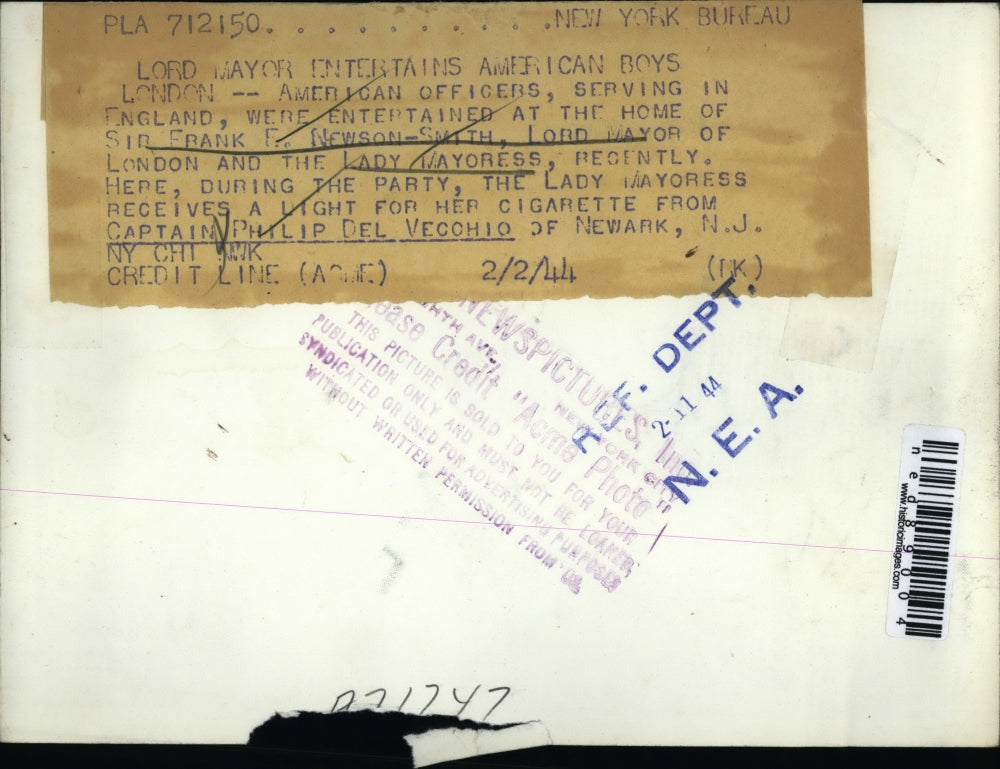 1944 Press Photo Frank Newson-Smith,Lady Mayoress and Capt. Philip Del Vecchio