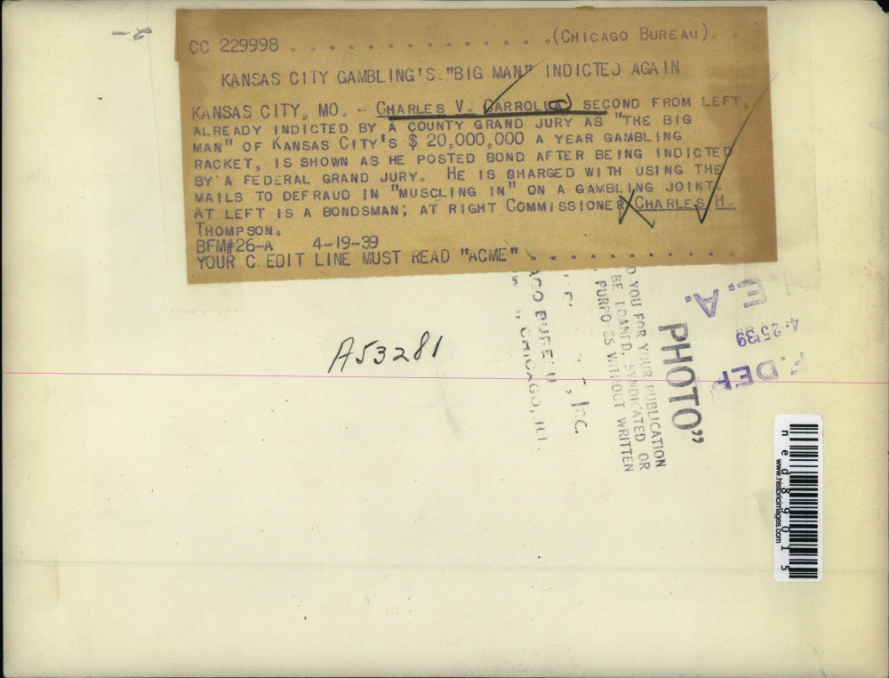 1939 Press Photo Charles Carrolia and Commissioner Charles Thompson