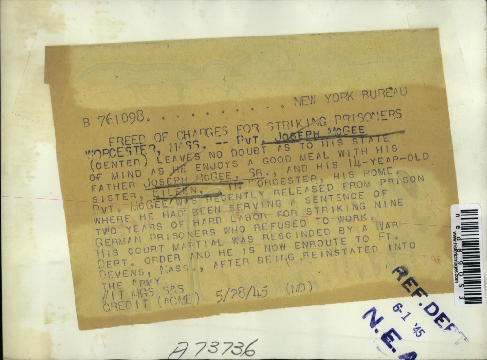 1945 Press Photo Joseph McGee, reinstated to Army after being in prison