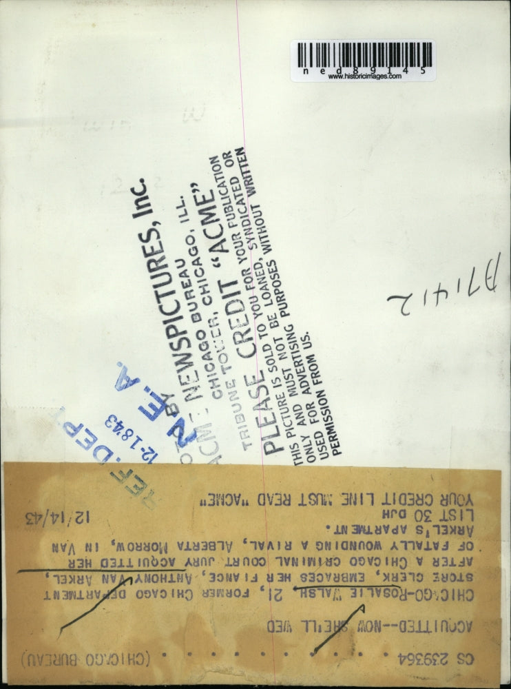 1943 Press Photo Rosalie Walsh acquitted of fatally wounding a rival.