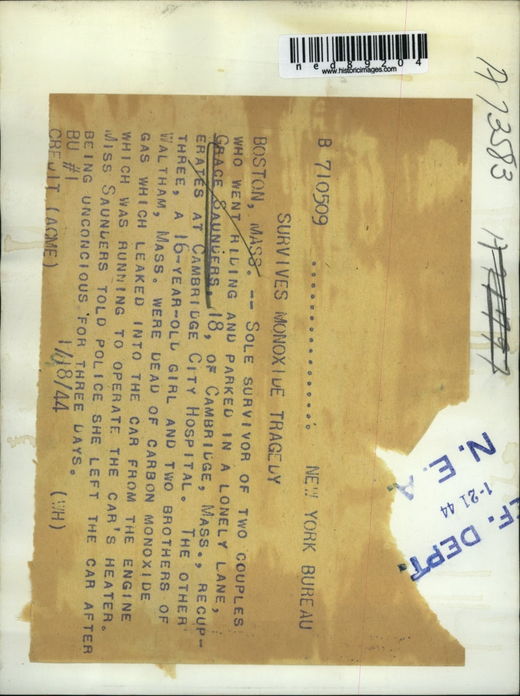 1944 Press Photo of Grace Saunders the sole survivor of a carbon monoxide leak