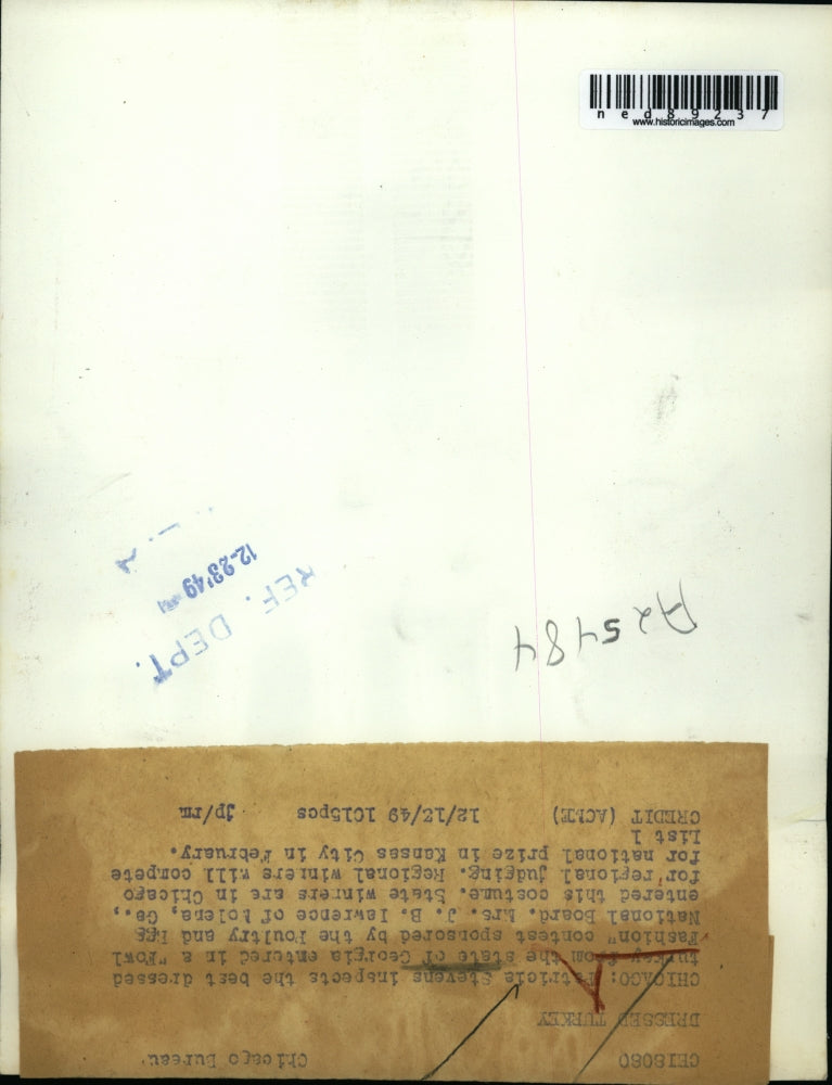 1949 Press Photo of Patricia Stevens inspecting the best dressed turkey from the