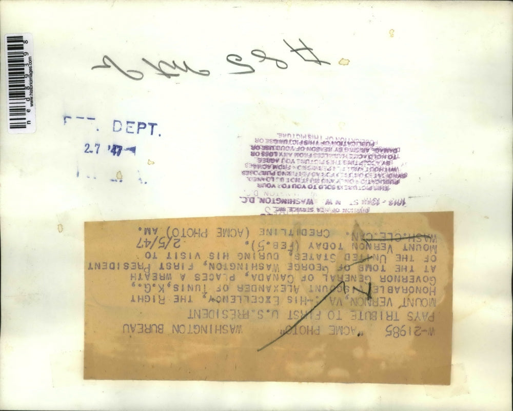 1947 Press Photo Gov.General of Canada, pays tribute to Viscount Alexander