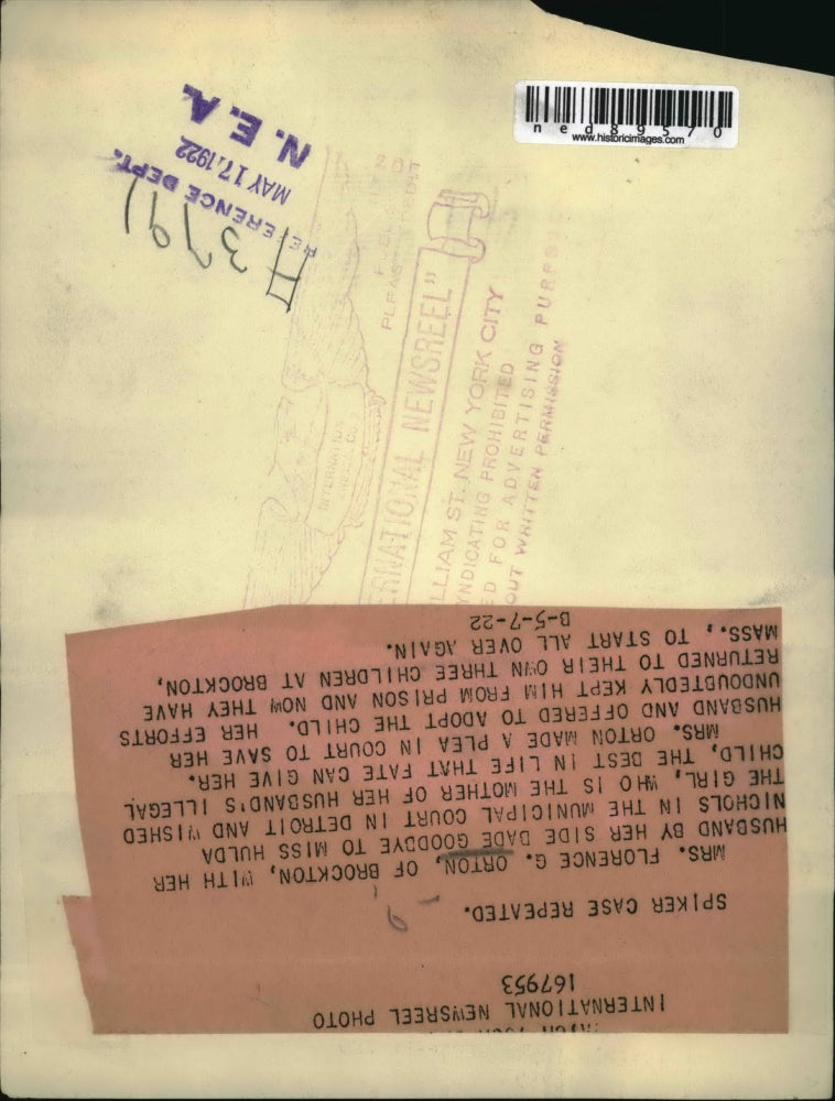 1922 Press Photo of Mrs Florence G. Orton.