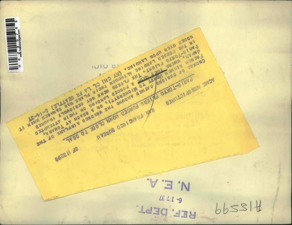 1937 Press Photo of a crashed plane in Japan that was flying from France.