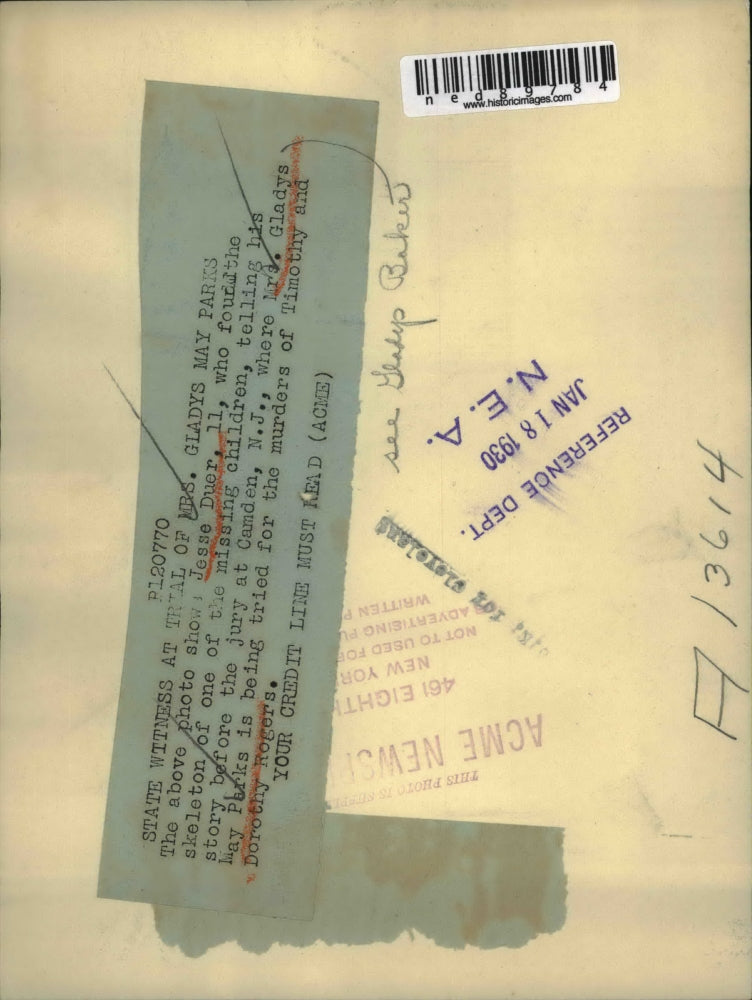 1930 Press Photo of Jesse Duer testifyi at the trial of Mrs. Gladys May Parker.