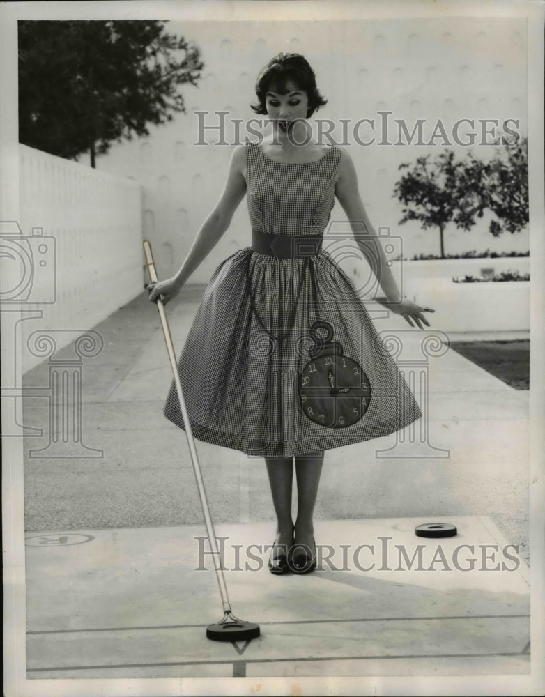 1959 Press Photo Featherweight Gingham Dress by Vicky Vaughn