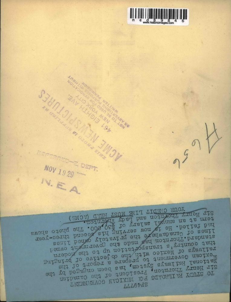 1929 Press Photo Henry Thornton,prepares a report of the railways of Mexico