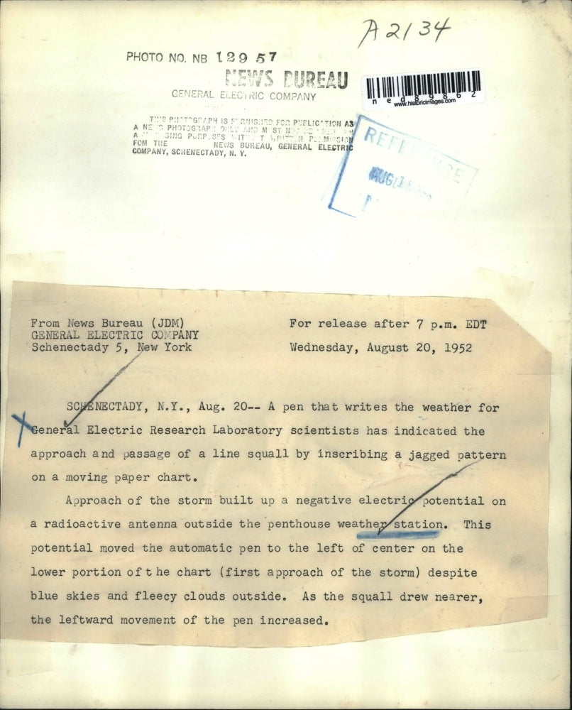 1952 Press Photo Pen that writes the weather for General Electric Laboratory