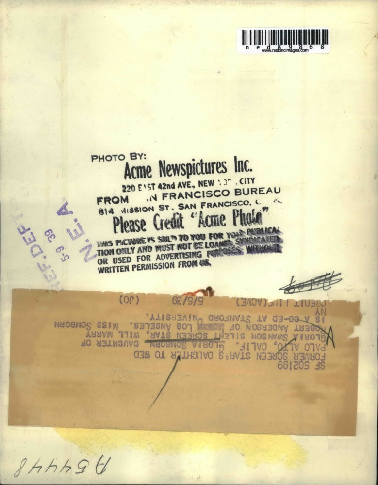 1939 Press Photo Gloria Sombornformer screen star daughter, marries Anderson