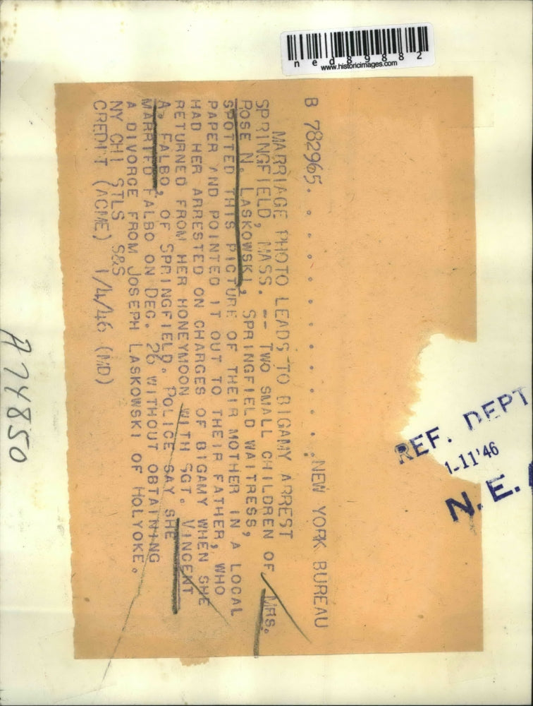 1946 Press Photo Marriage photo fo Rose Laskowski, charged her for Bigamy