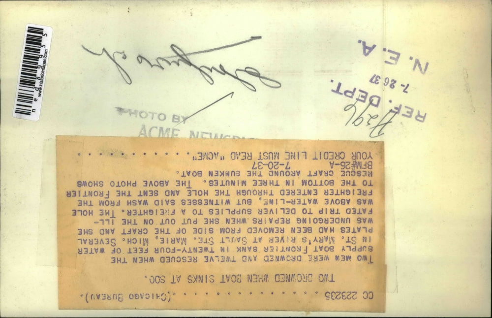 1937 Press Photo of a boat that sank and two drowned.