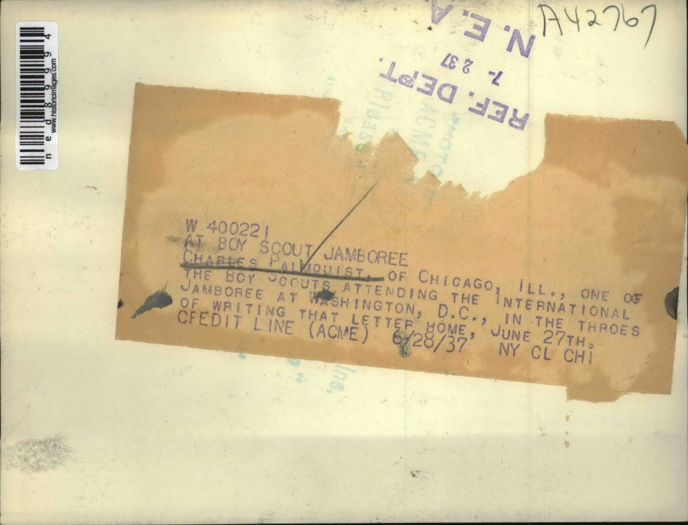 1937 Press Photo Charles Palmouist, boy scout of Chicago, Ill., writes a letter