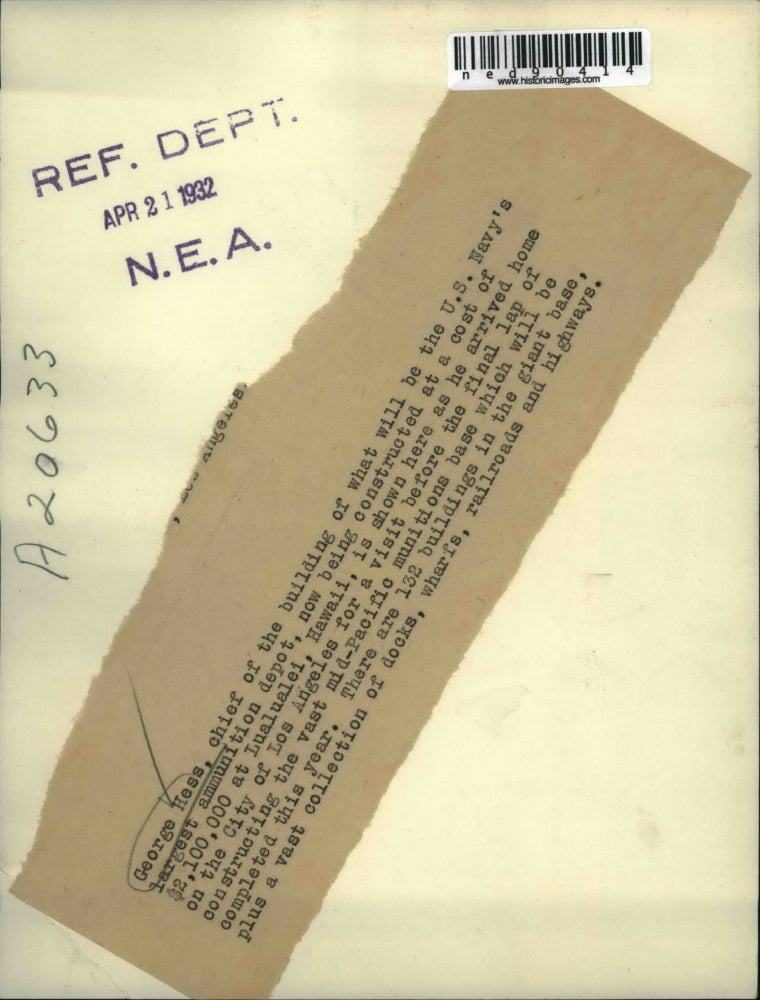 1932 Press Photo George Hess, Chief of U.S. Navy Ammunition Depot