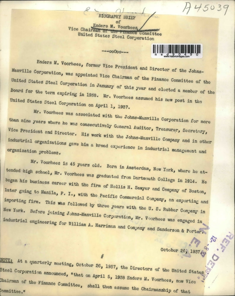 1937 Press Photo Enders M Voorhees, appointed Chairman of Finance Committee