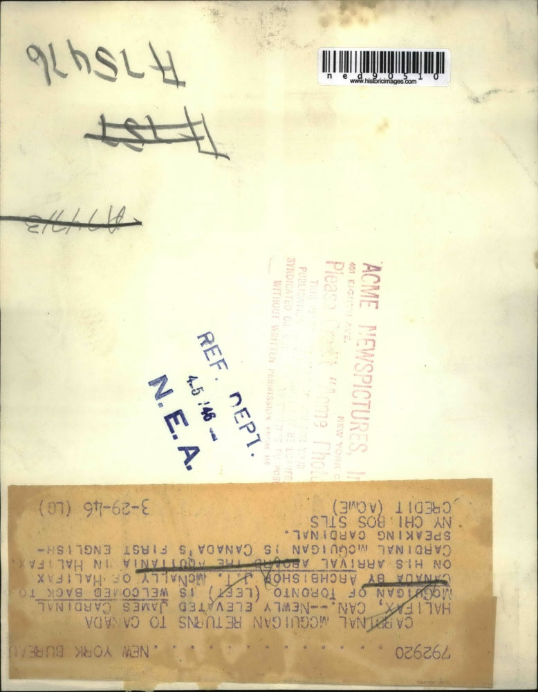 1946 Press Photo Newly Elevated Cardinal McGuigan returns to Canada