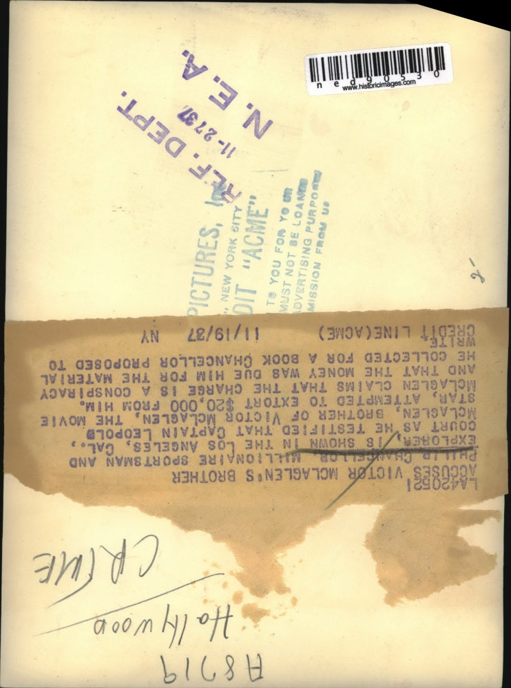 1937 Press Photo Millonaire Philip Chancellor ,accuses Victor Mclaglen