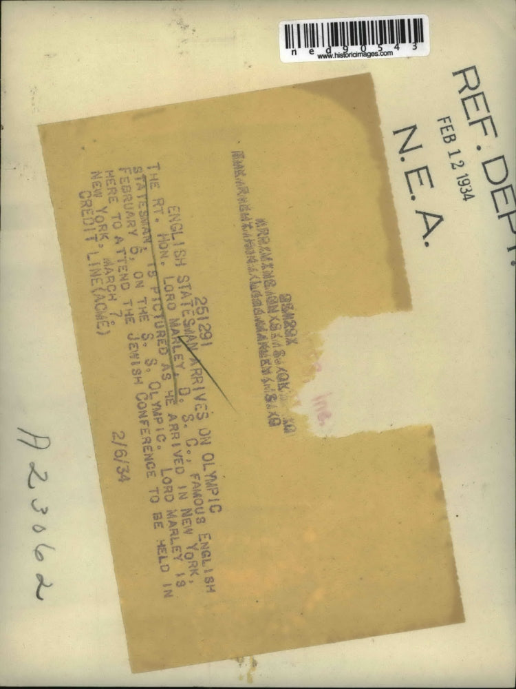 1934 Press Photo Famous Englishman Lord Marley arrived in New York for Olympics