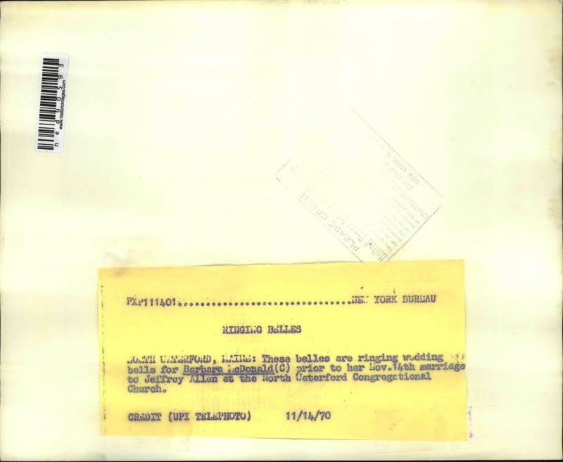 Load image into Gallery viewer, 1970 Press Photo Wedding bells for Barbara Mcdonald for her marriage
