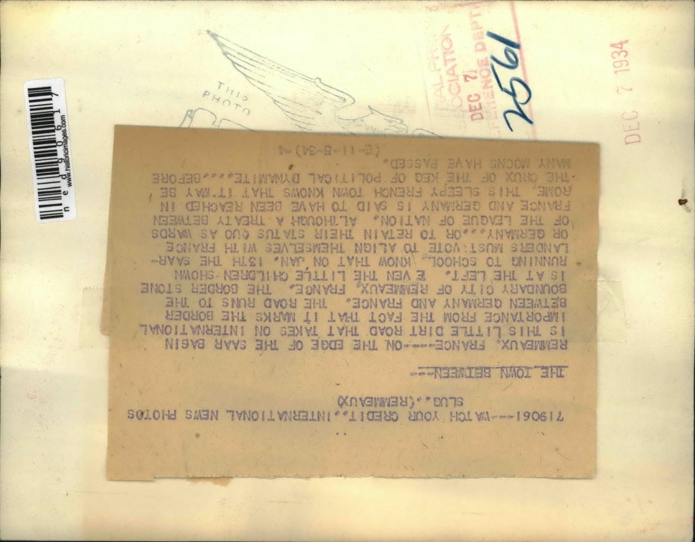 1934 Press Photo A little dirt road marks the border between Germany and France